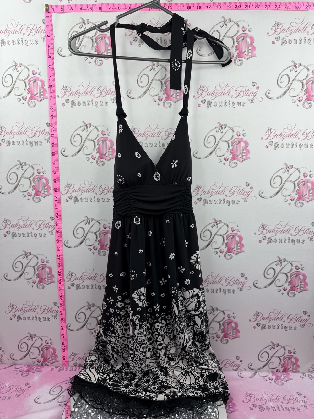 Dress y2k tie up belted tutu hem Black & White Floral Halter Summer Dress